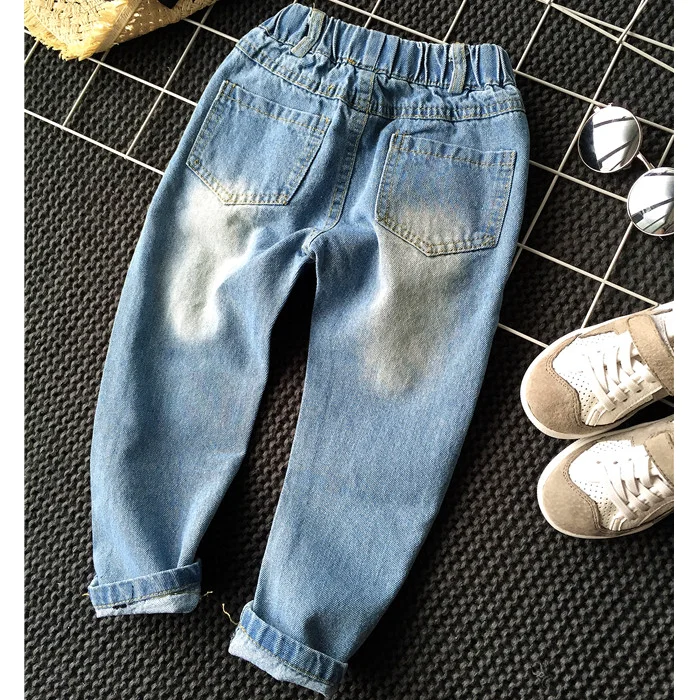 
YY10157G Girls kids ripped long pants jeans washed light blue jeans 
