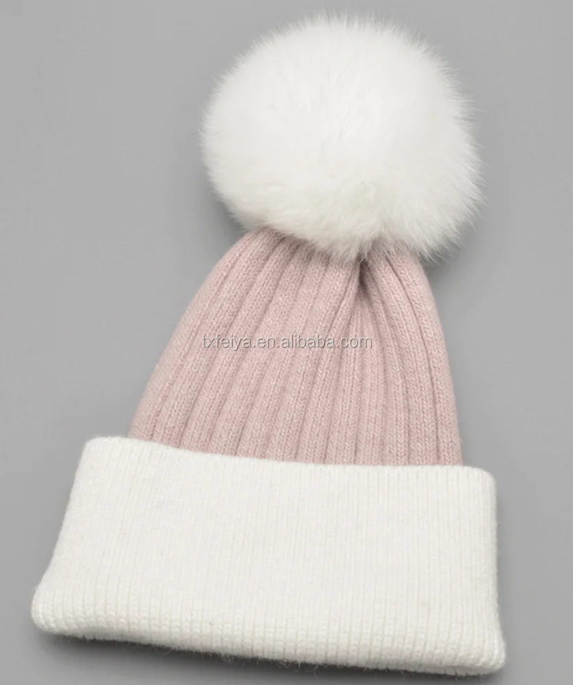 Wholesale Crochet Knitted Wool Beanie Hat with Fox Fur Pom Pom