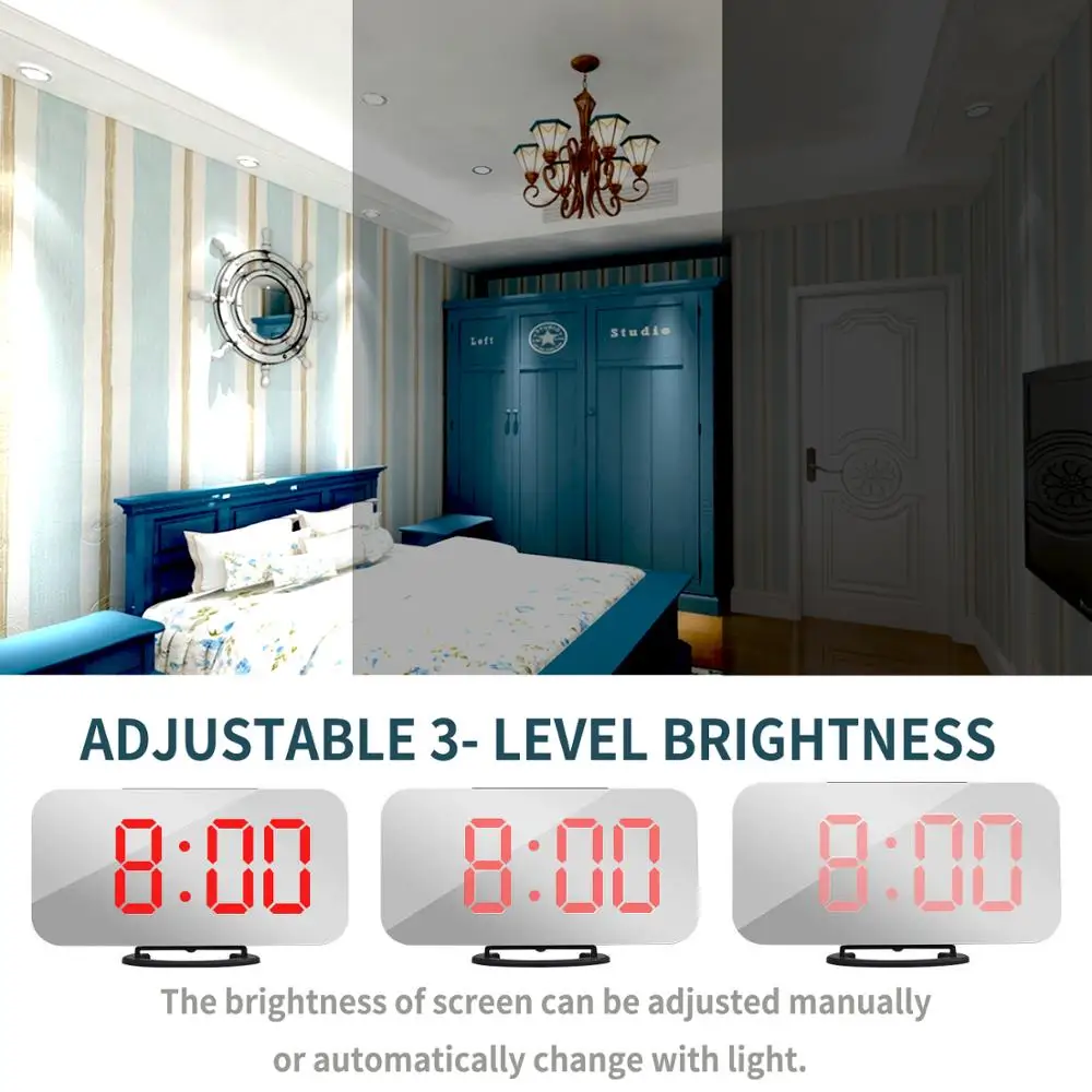 Large LCD Screen Mirrored Alarm Clock Digital Decorative Hotel Office Home Decor Clock with Dual USB Charging Station