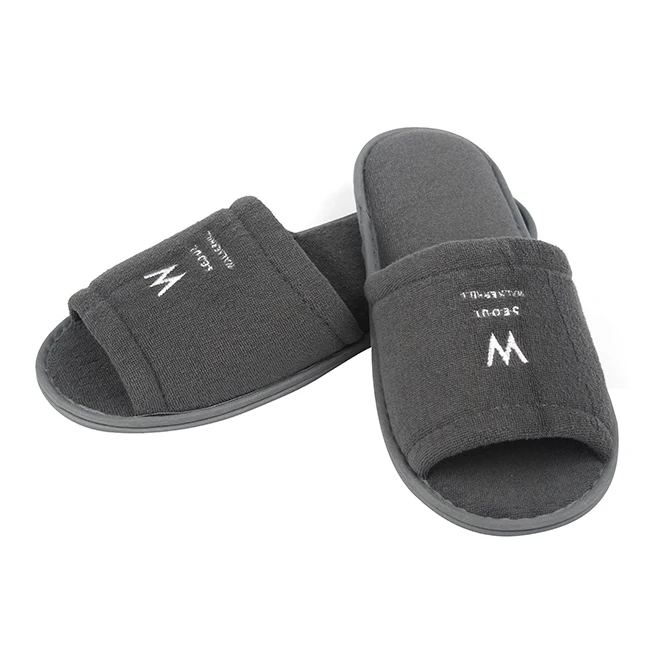 Open Toe Disposable 100% Cotton Gray Velor Velvet Hotel EVA Slippers with Gold Embroidery