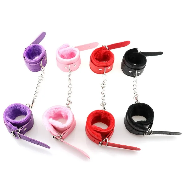 Sexy Leather Handcuffs With Chain Bdsm Bondage Restraints Black Red Violet