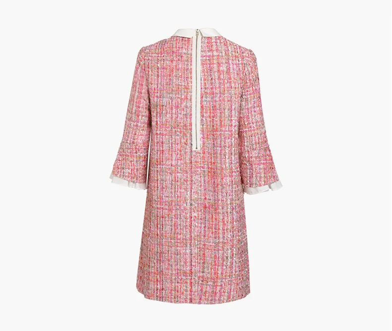 Women 3/4 Flare Sleeves Trun-Down  Collare Pink Tweed embroidery Casual Austum Dress