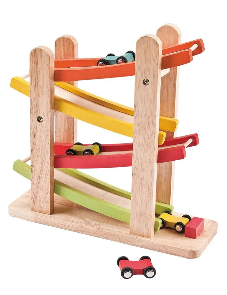 Wooden Ramp Racer Race Track for Toddlers and 4 Wood Cars, Race Car Ramp Set