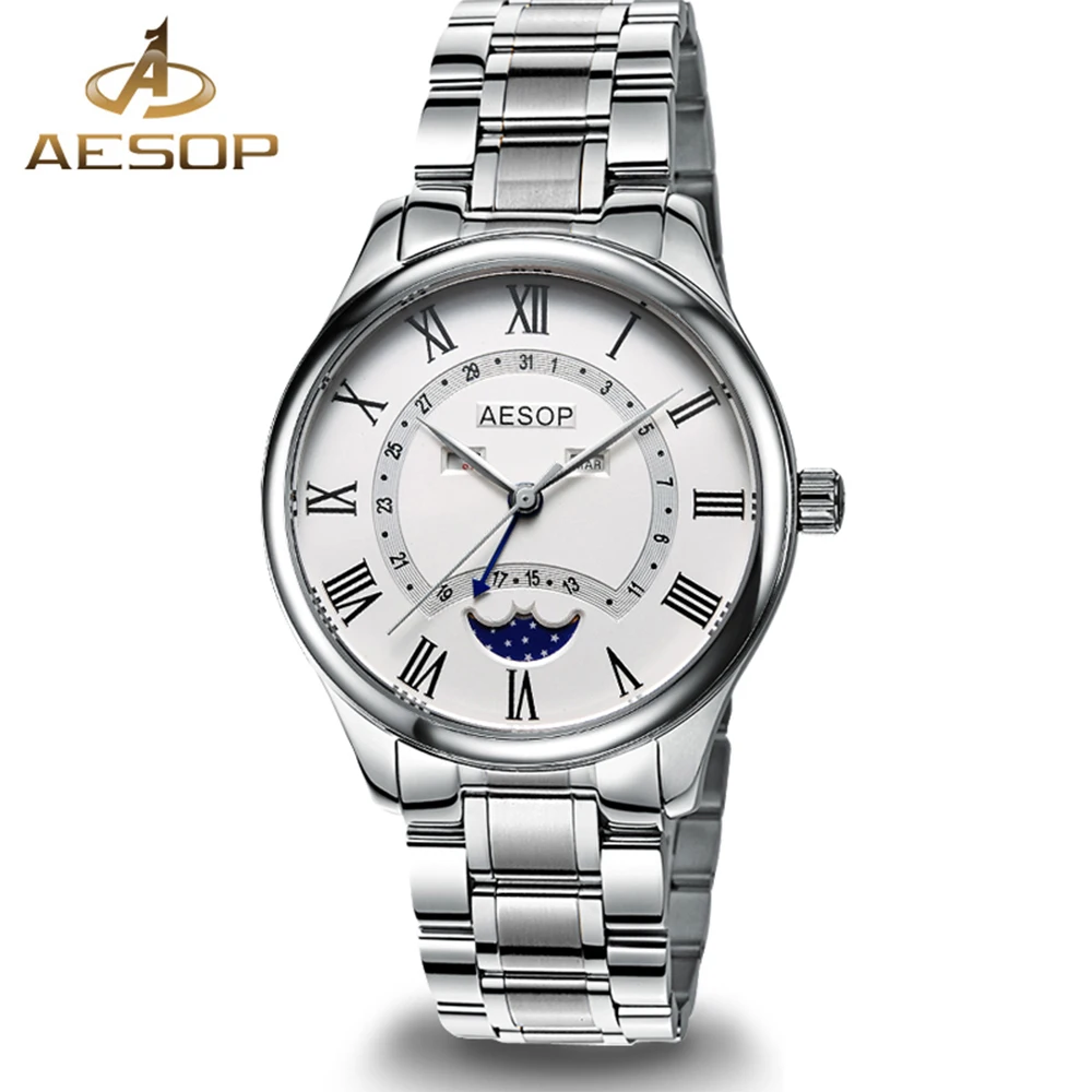 Aesop Fashion Men Sapphire Crystal Moon Phase Leather strap Male watches
