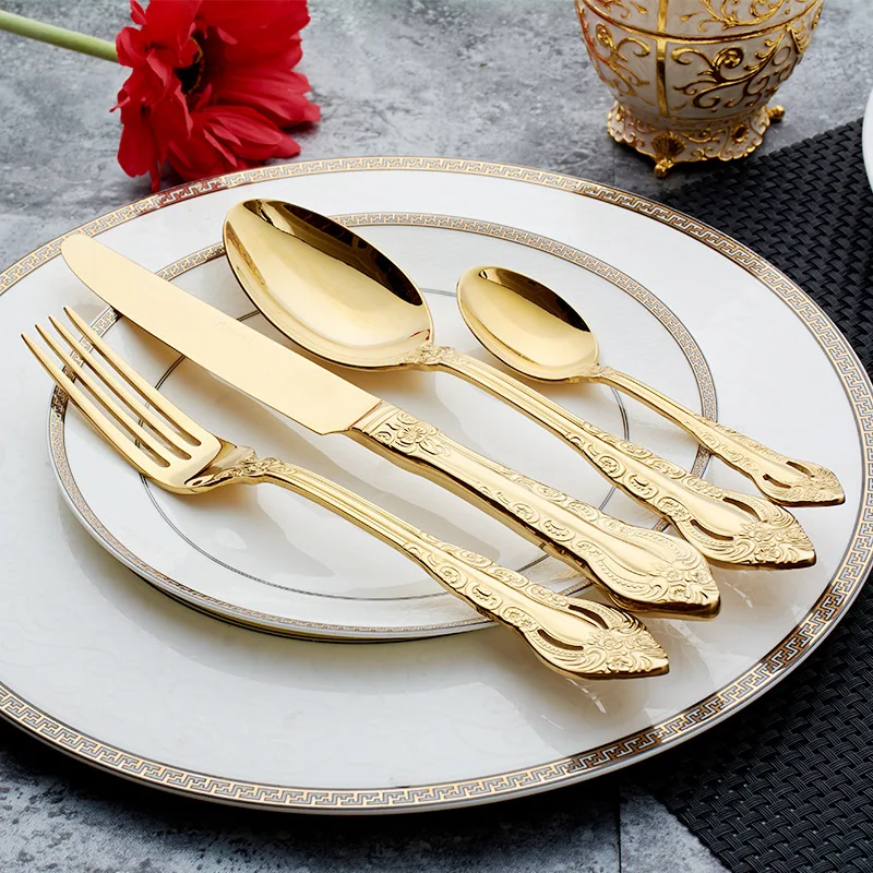 Wholesale wedding tableware stainless steel metal kings palace luxury golden cutlery with carving knife and fork set