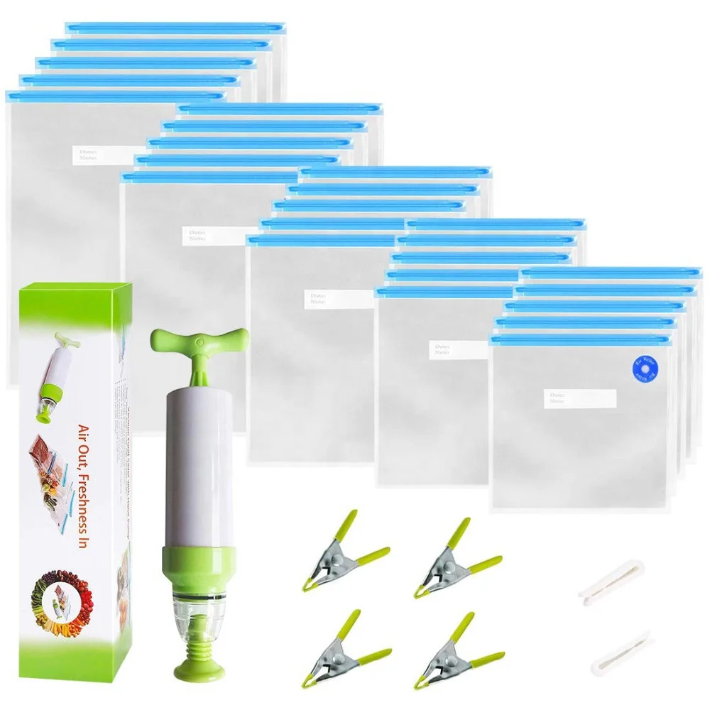 Air Valve Sous Vide Plastic 30 ziplock Reusable Vacuum Food Storage Pump Bags