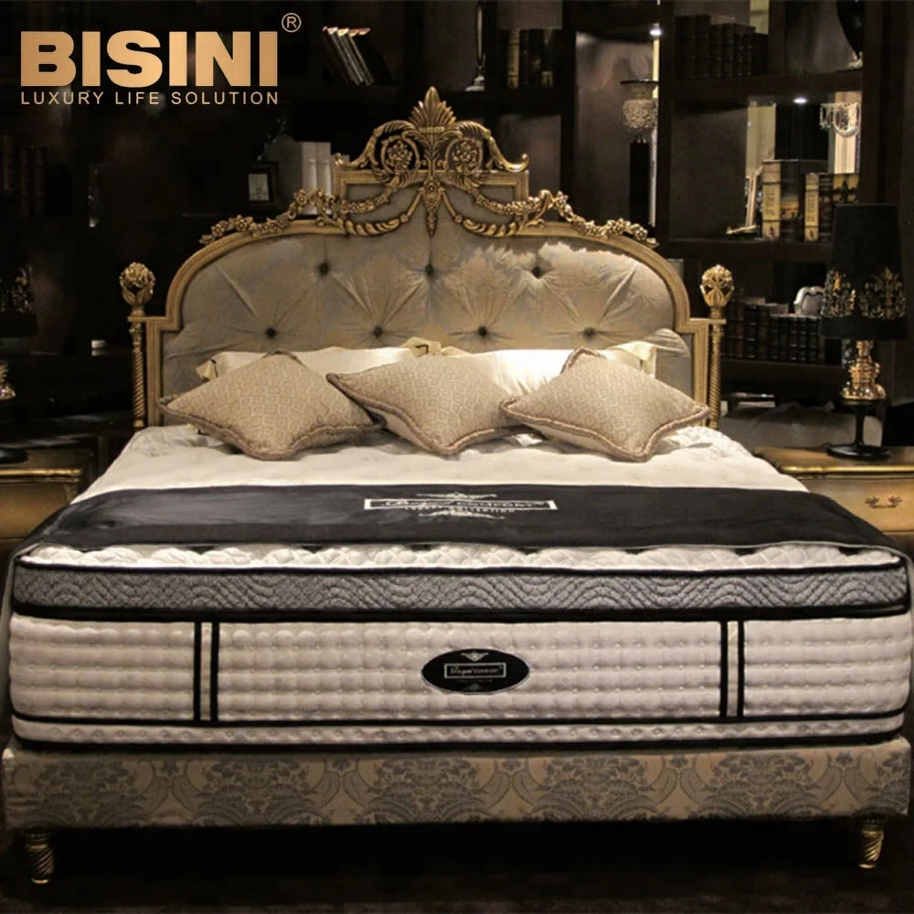 Bisini Antique French style golden hand carved king size baroque reproduction wedding bed - BF07-30050