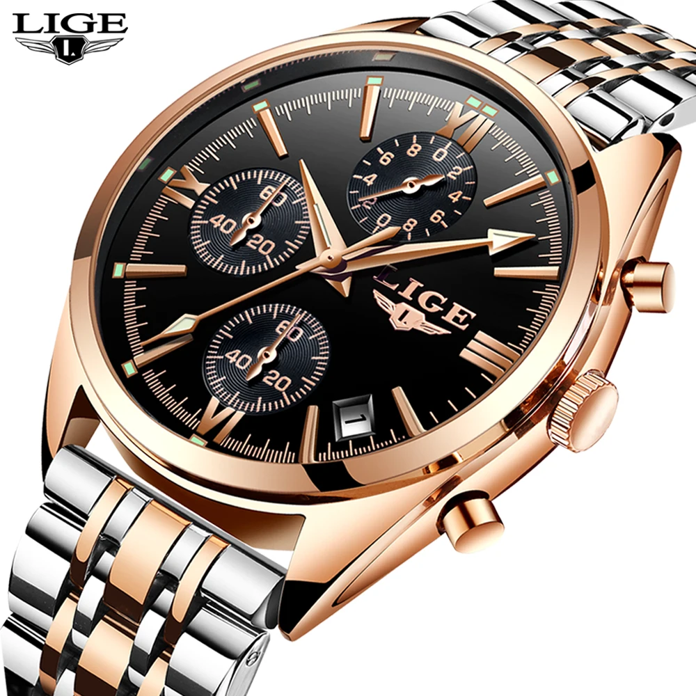 Роскошные брендовые дешевые кварцевые мужские часы LIGE из нержавеющей