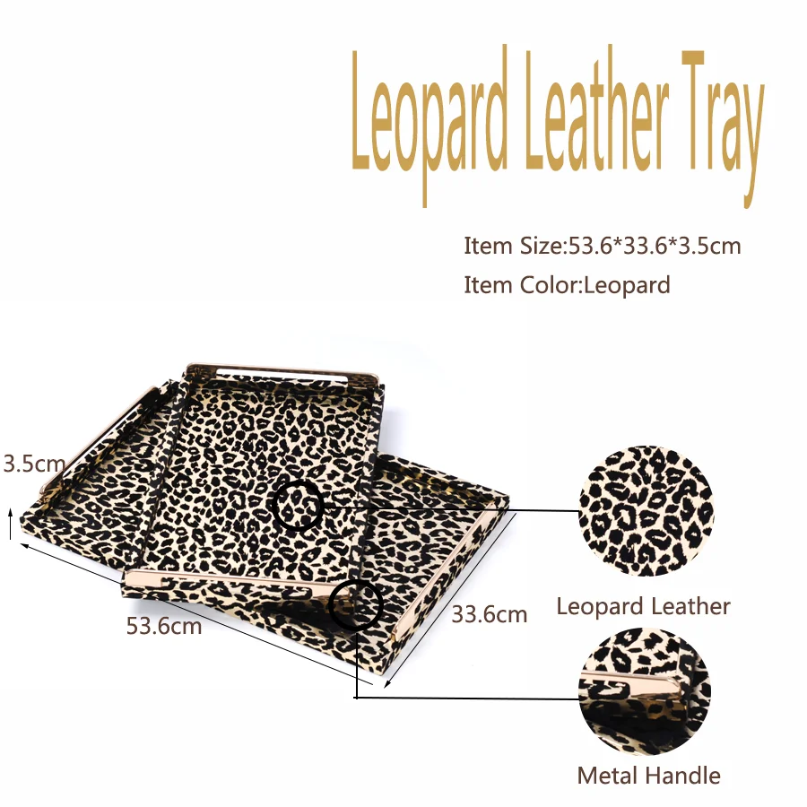 Rectangle Wholesale Decorative Wooden Tray Leopard Leather Serving Tray With Metal Handles