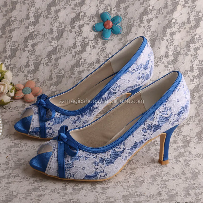 Blue Satin White Lace Party Shoes With Bows