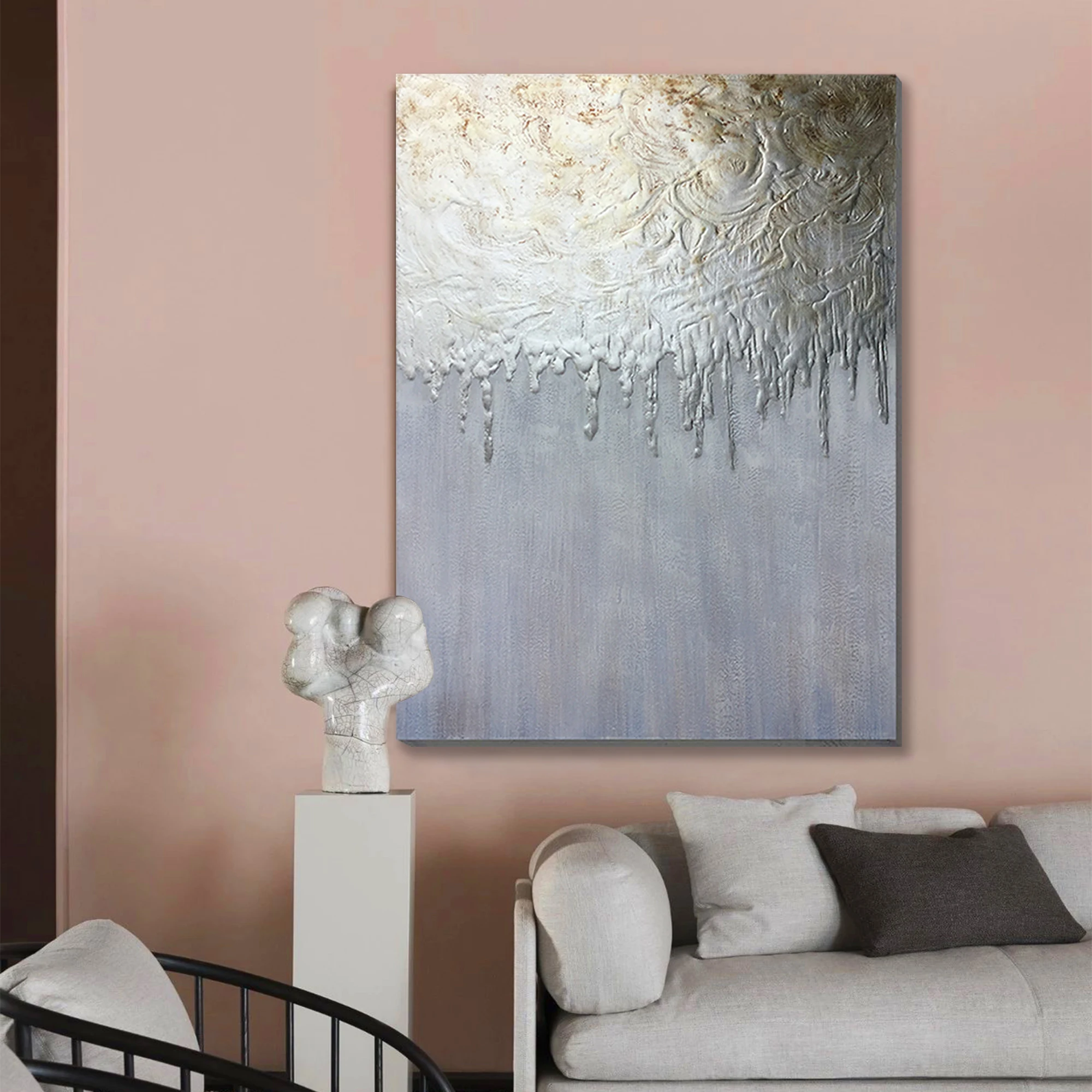 Abstract Custom Modern art Grey Champagne Overflow Oil Painting Handpainted Stretched