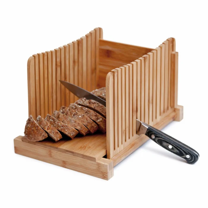 Bread slicing guide Adjustable Foldable Nature Thickness Crumb Catcher Tray Wood Bamboo Bread Slicer with knife