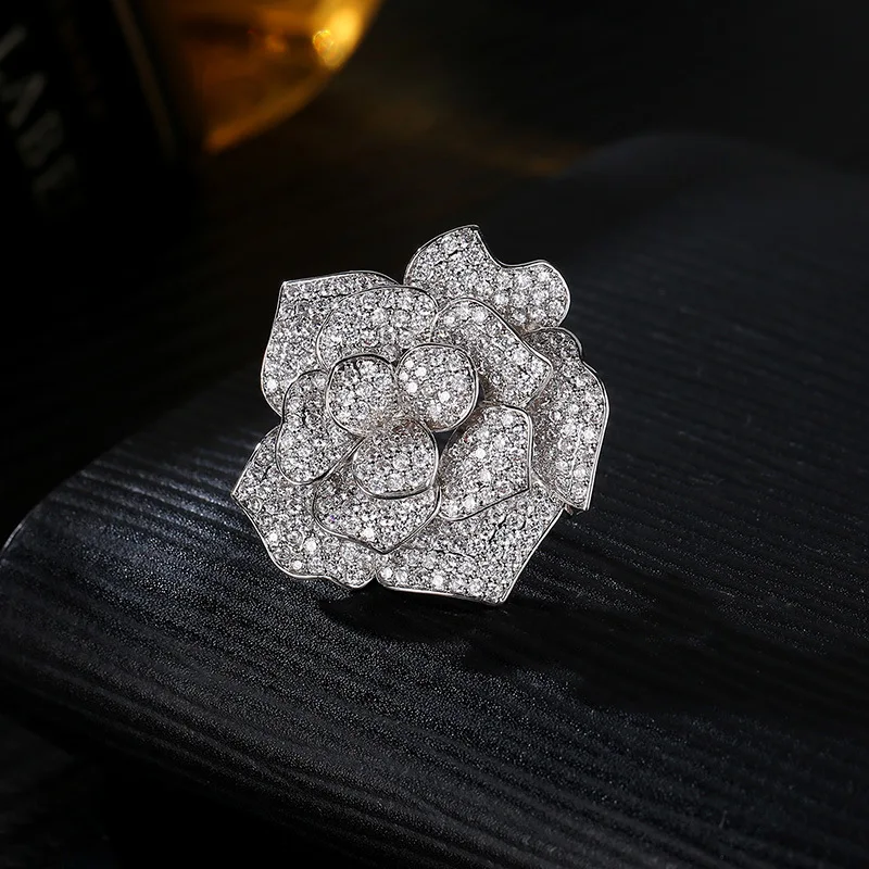 High quality luxury women copper cubic zircon gold plated rose flower brooch