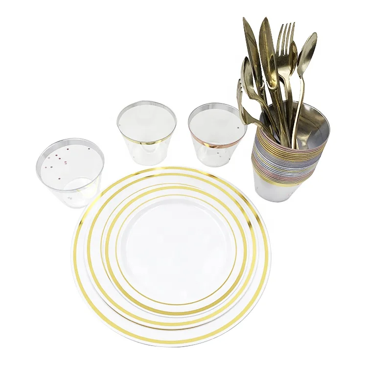 wedding rose gold rim disposable rose golden color for party plastic plates set