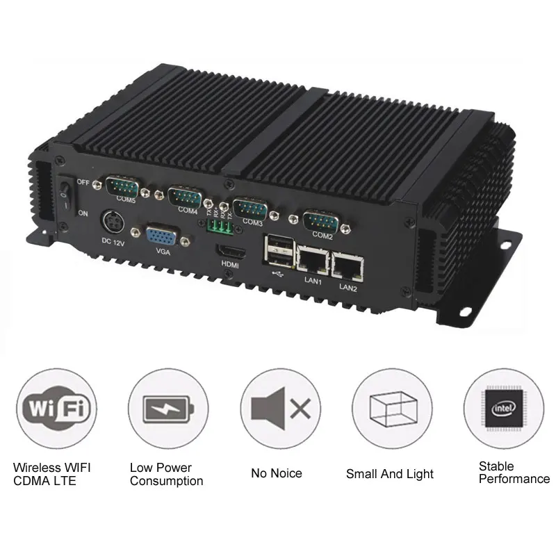 Fanless Mini PC with Intel Atom CPU 64GB 128GB SSD 2 LAN 6 COM 1xHDMI Industrial Computer
