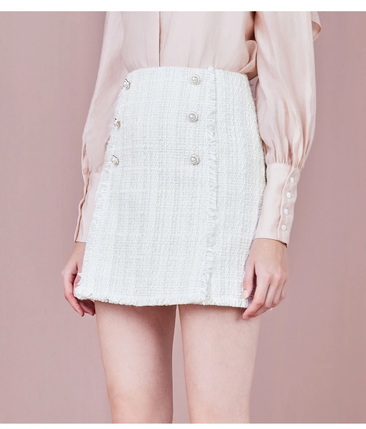 Women Fitting High Waisted Mini Length Pearl Button Jacquard Skirt