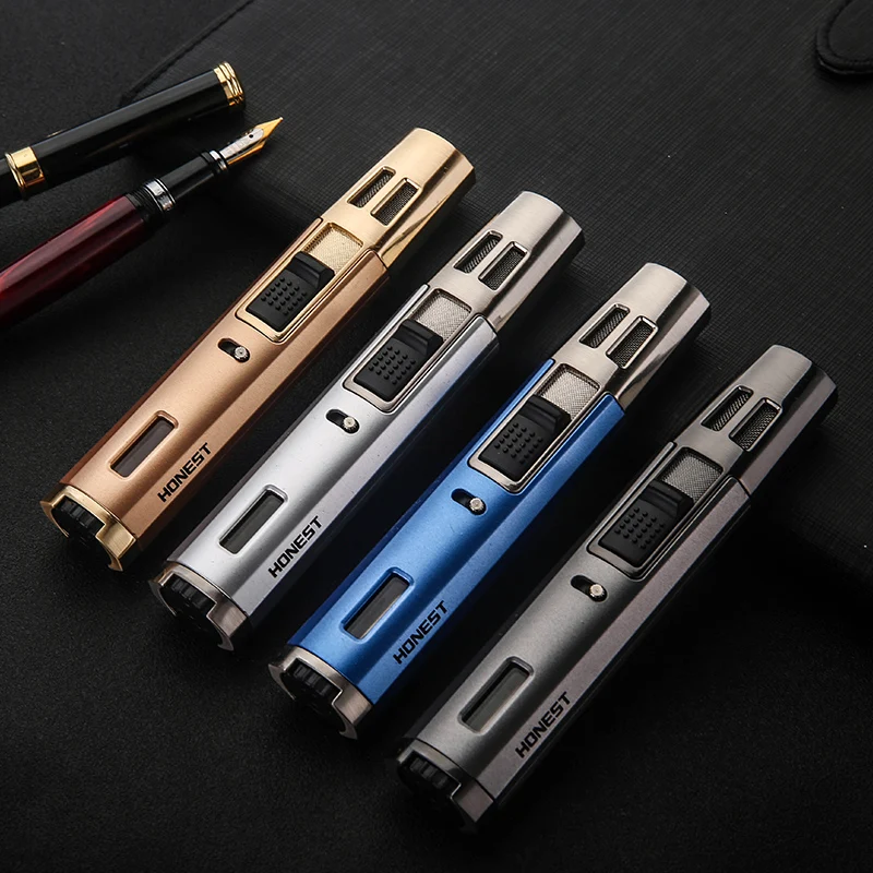 
450-1 Yanzhen Metal Straight-shape Dual-crossing Blue-flame Inflatable Gas Cigar Lighter With Fire-locking Windproof Wholesale 