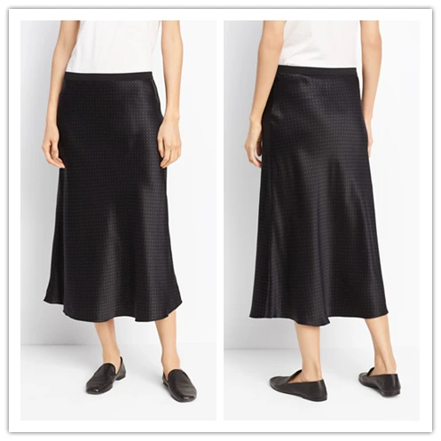 European Style Black Polka Dot Women High Waist A Line Silk Satin Skirt