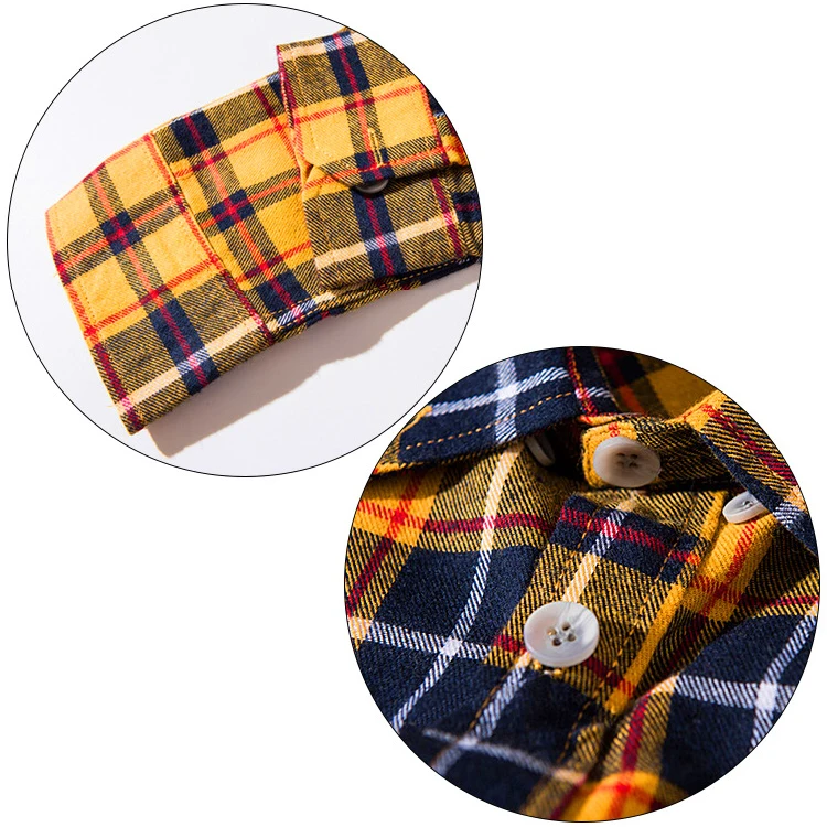 Yellow Plaid Button Down Cotton Checked Flannel Shirts Men