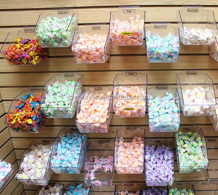 Custom easy hanging acrylic slatwall candy bins