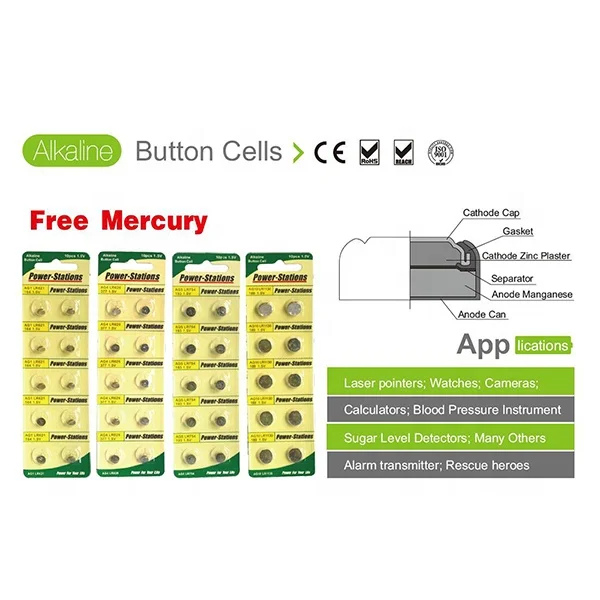 Cameras calculators used 1.5V Alkaline button cells free mercury AG5 Watch battery etc