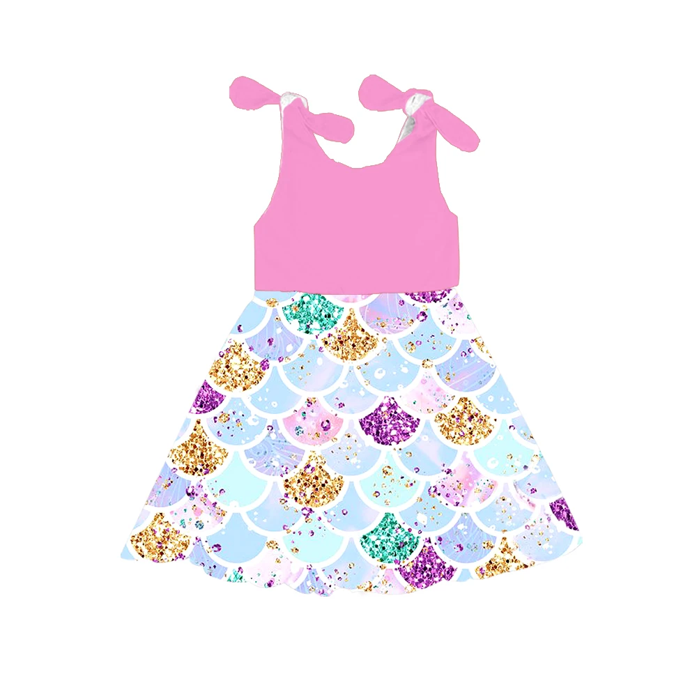 
2019 Hot sale custom baby clothes fish scales pattern design girl milk silk boutique dress 