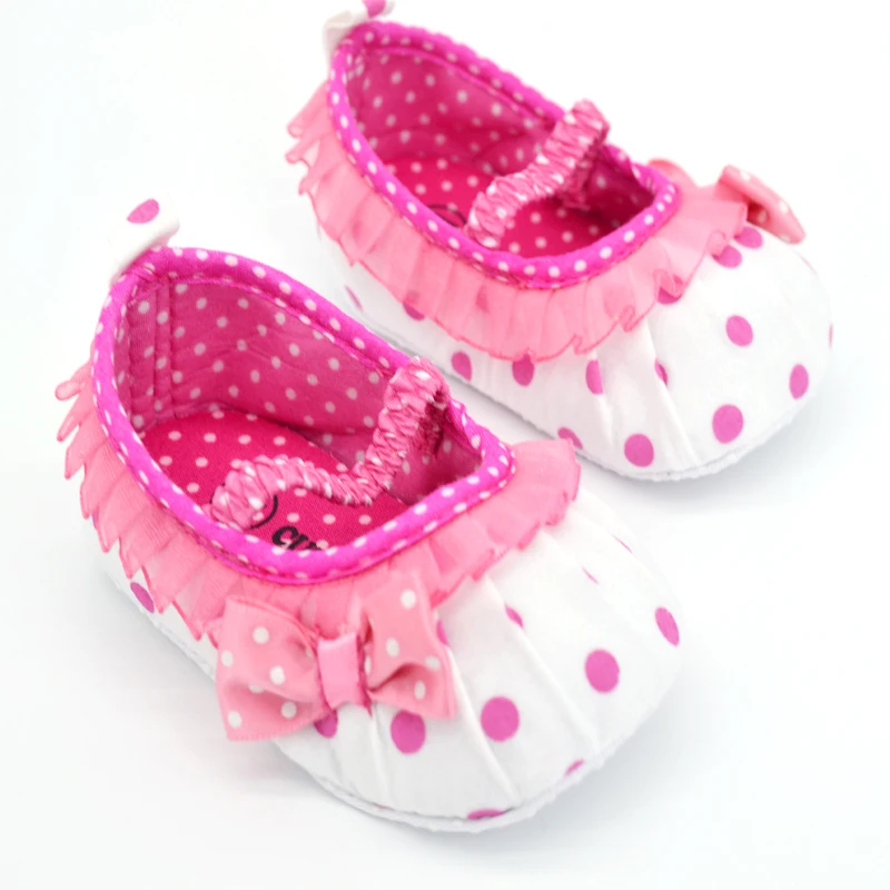 0 18M Infant Girls Crib Shoes Sweet Dot Flower Baby Bow Soft Sole Toddler Shoes