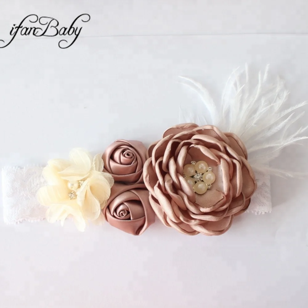 Girl Feather Lace Headband With Chiffon Flower Headband Rose Burn Flower Headband