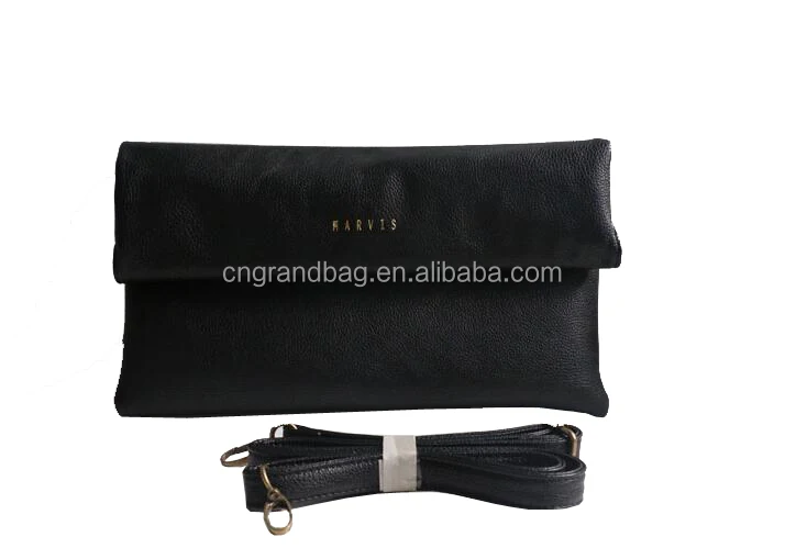 Hot Sale Genuine Pebbled Leather Pouch Women Fold-over Clutch Fashion Lady Hand Bags with removable strap