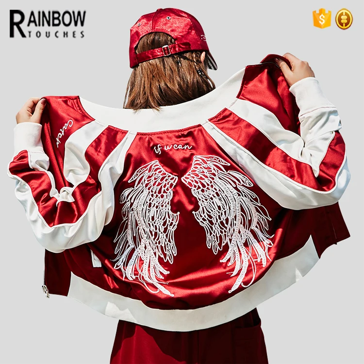 Oversized Embroidery Black Satin Women Jacket