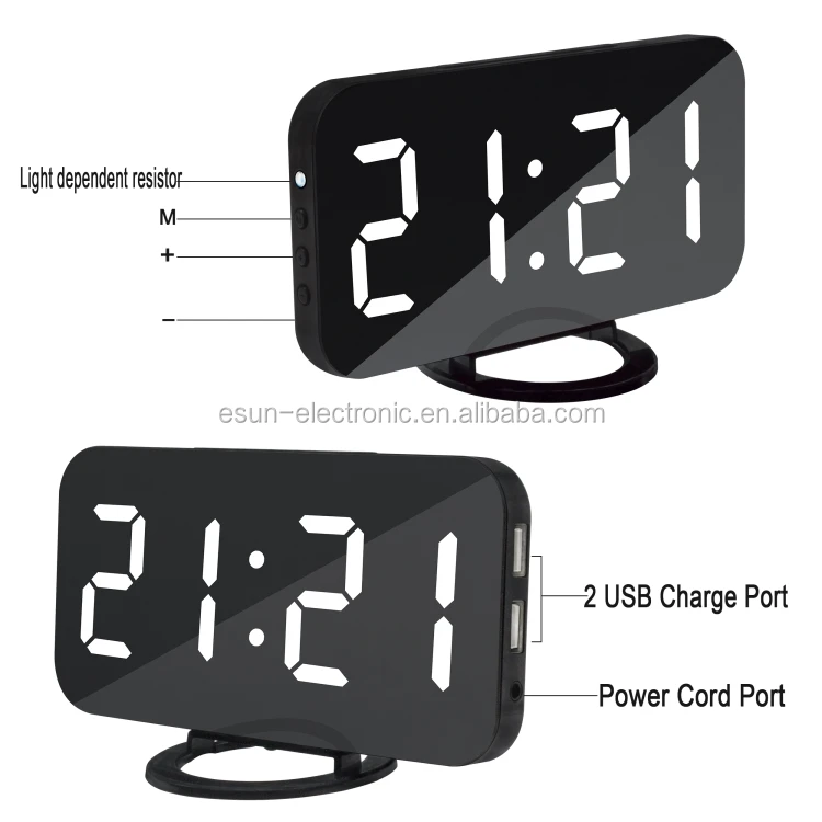 Smart LED Digit Light Large Mirror LCD Screen Digital Table Alarm Clock with Dual USB Charger -Wall hanging or free standing