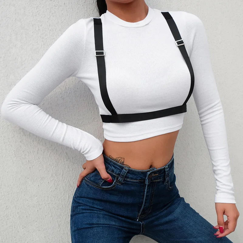 
Wholesale New Arrival Long Sleeve plain pure color white t-shirt ladies bodycon crop tops black sashes 