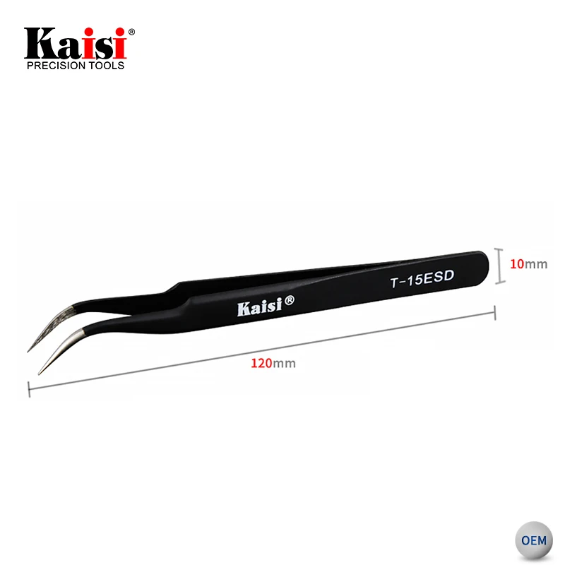 Kaisi T-15 ESD Safe Precision High Hradness Curved Stainless Steel Pointed Tweezers