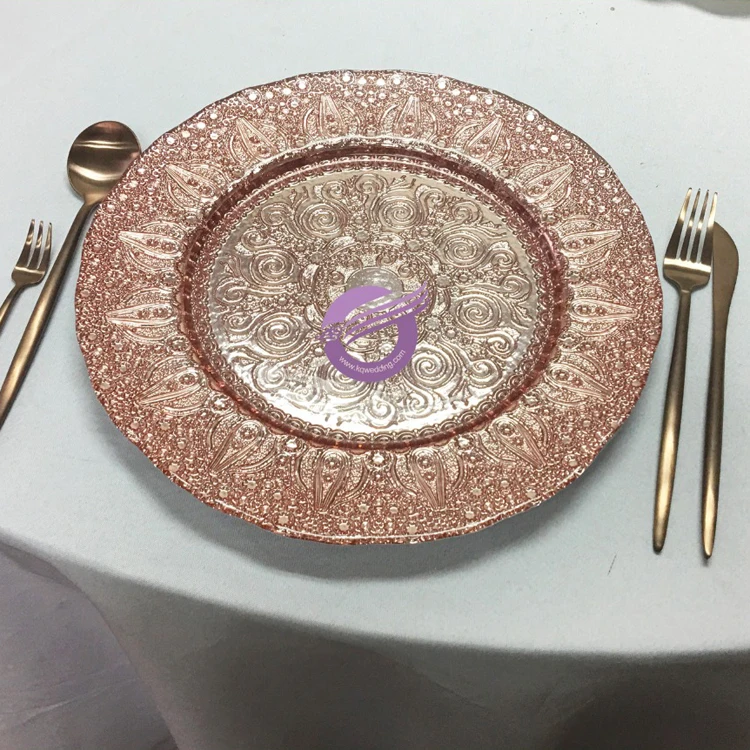 PZ00740 cheap wholesale wedding china factory ROSE GOLD GLASS CHARGER PLATE