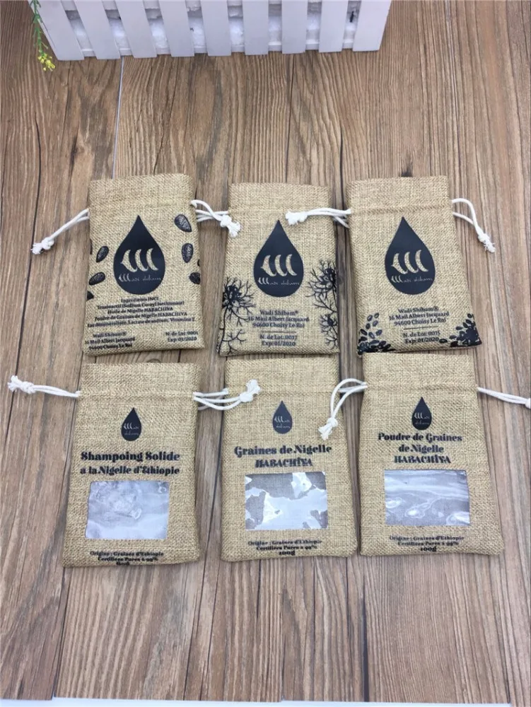 Customized logo PVC window small jute bag for black seeds