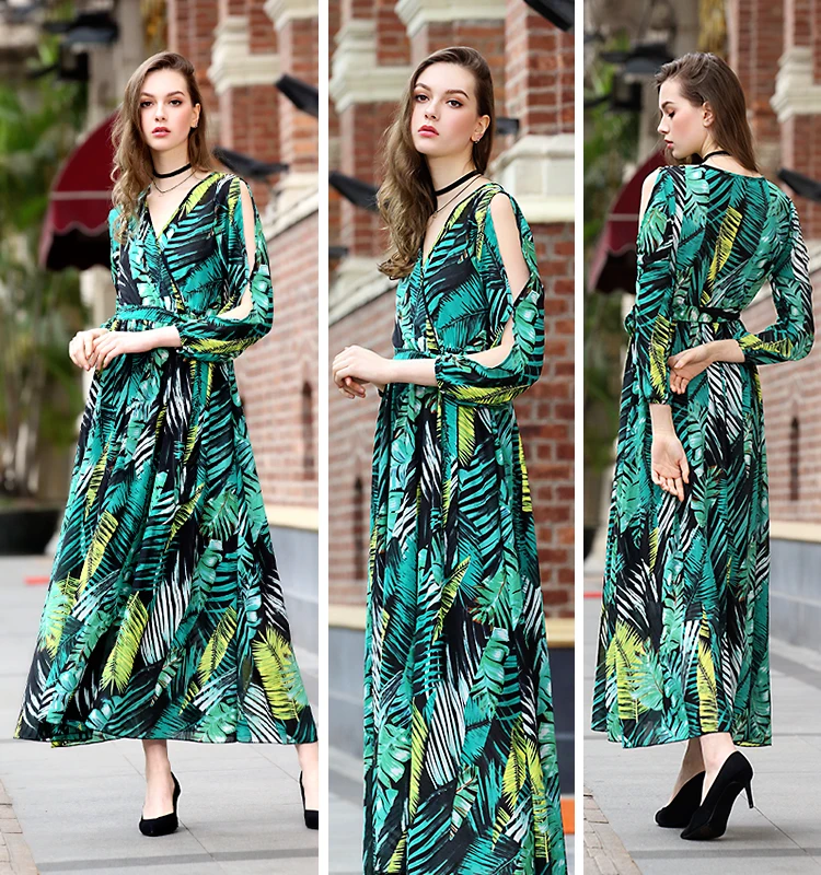 Dresses Print Summer Casual Sleeve Woman Full Natural OEM Service Floral Print  Adults Chiffon Maxi Green long dress women