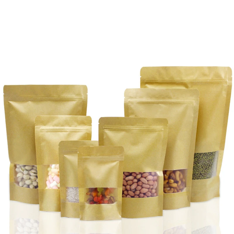 Eco-Friendly Recycled Waterproof Washable Stand up Kraft Paper Bag Zipper With Clear Window