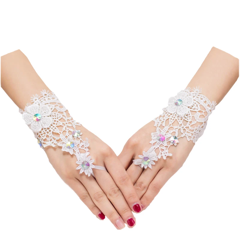
Bridal Accessories Wholesale Lace Fingerless Appliqued Wrist length Gloves with colored sequins 