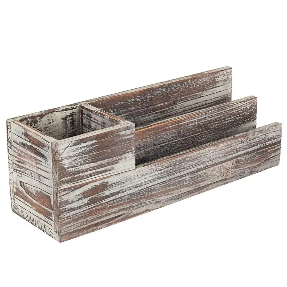 Rustic Torched Wood Desktop Office Supplies Caddy & 2 Slot Letter Mail Sorter Organizer