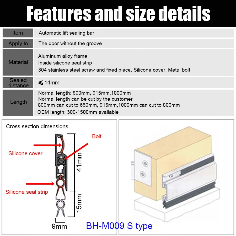 915mm Automatic Drop Down Door Bottom Seals Aluminium Outside Screw Fixed Sealing Bar Weatherstripping for No Groove Wooden door
