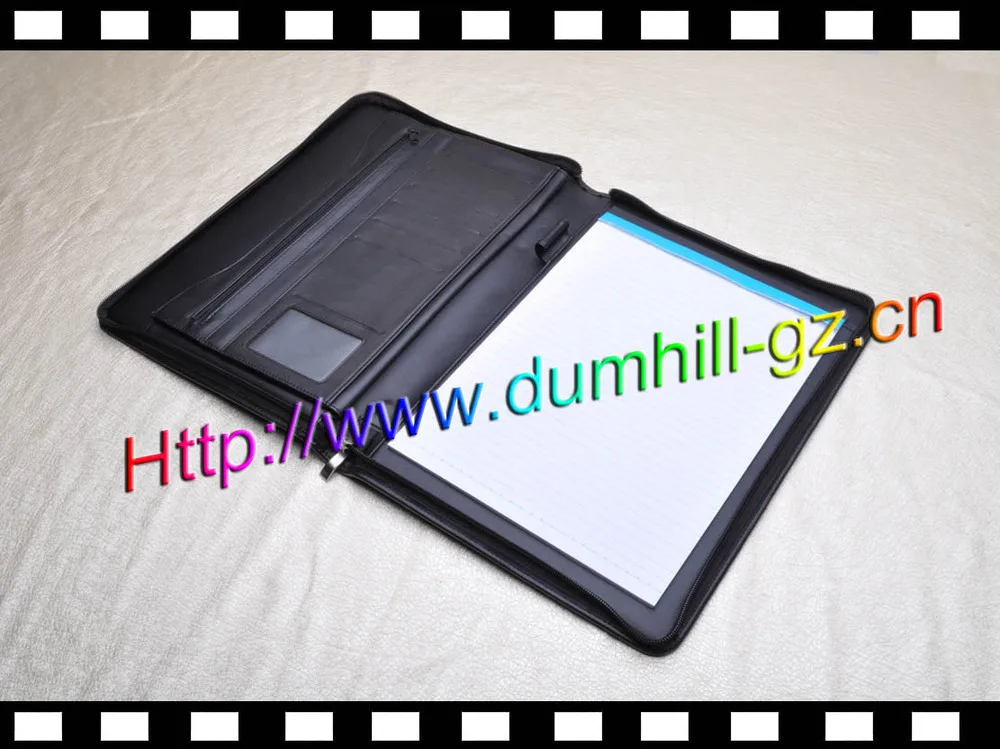 Luxury customized A4 leather document holder zip around with paper pad inside silk printing logo