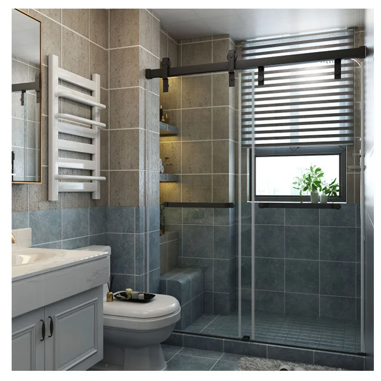 American Style Frameless Glass Sliding Shower Cabin Barn Door with Carbon Steel Hardware Track Kit