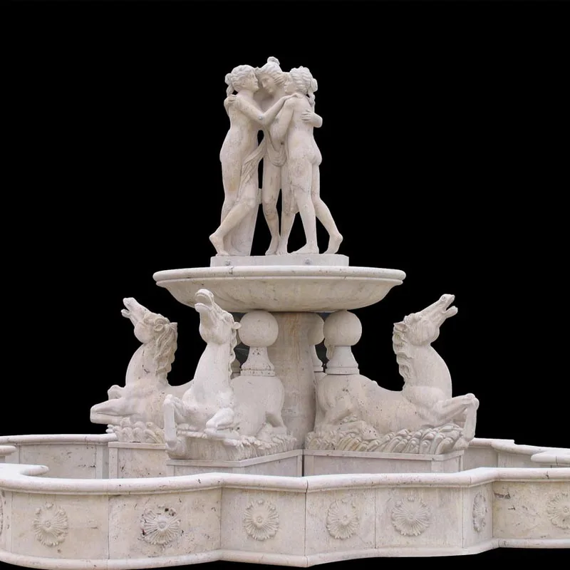 Large Outdoor Marble Stone Garden Water Fountain With Women and Horse Sculptures