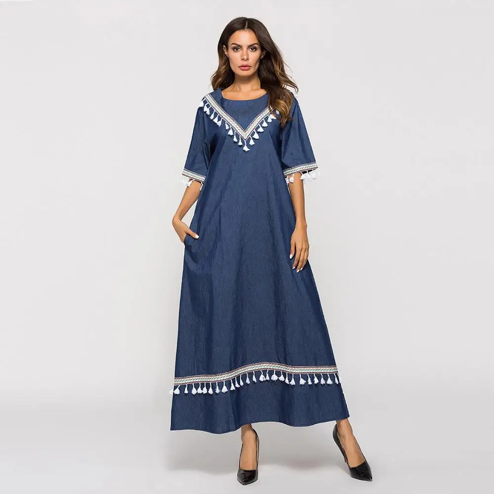 Good quality  Jean With Tassel Dress Abaya Muslim Dress For Women