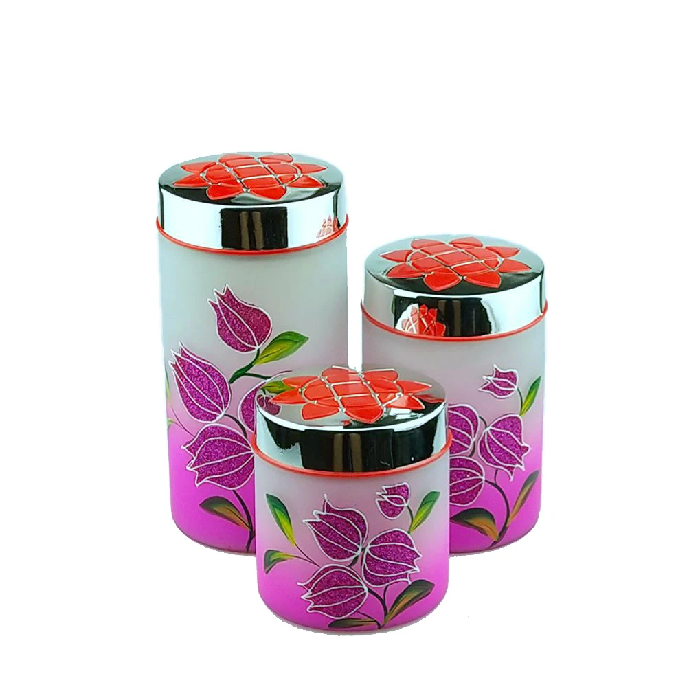 Hand painting airtight glass food storage jars set with plastic screw top for candy nut