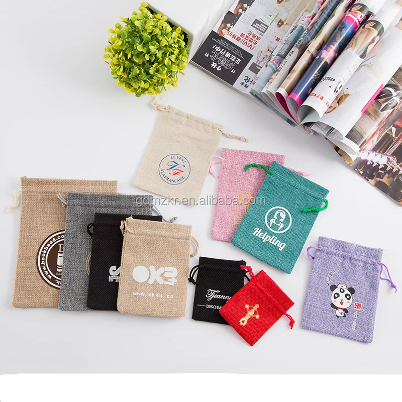 Various colors wholesale small short gift coffee packaging jute hemp drawstring pouch bag