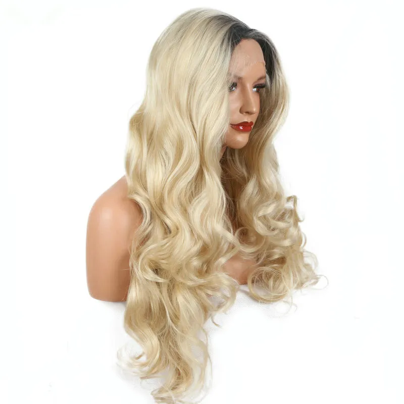 Blonde Wavy Wig High Temperature Fiber Long Hair Full Synthetic Lace Front Wigs for Women Ladies Girls Dark Roots to Gold