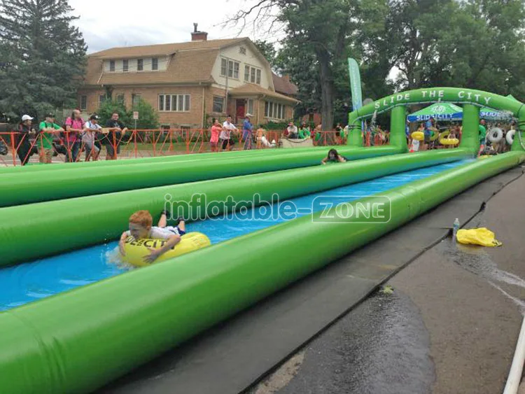 Flat floor city slide Inflatable long water slide with swim ring slip