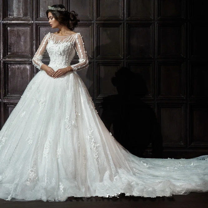 Luxury Lace Wedding Dresses Ball Gown 2021 Vestido de novia With Appliques Wedding Gowns Elegant Muslim Bridal Gowns