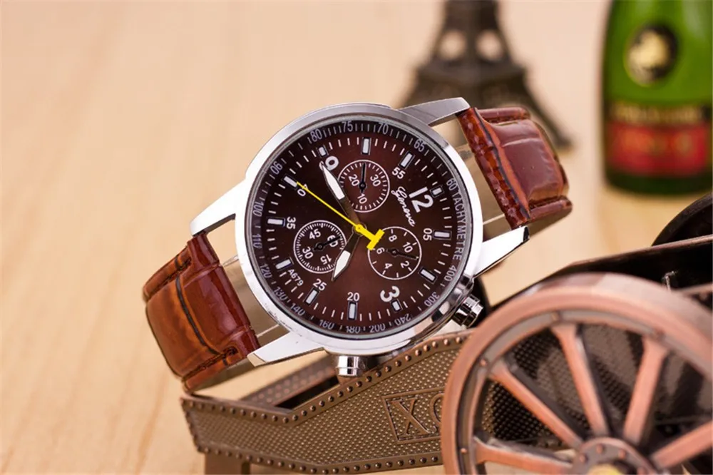 
2015 leather strap yellow second hand arabic number geneva watches 